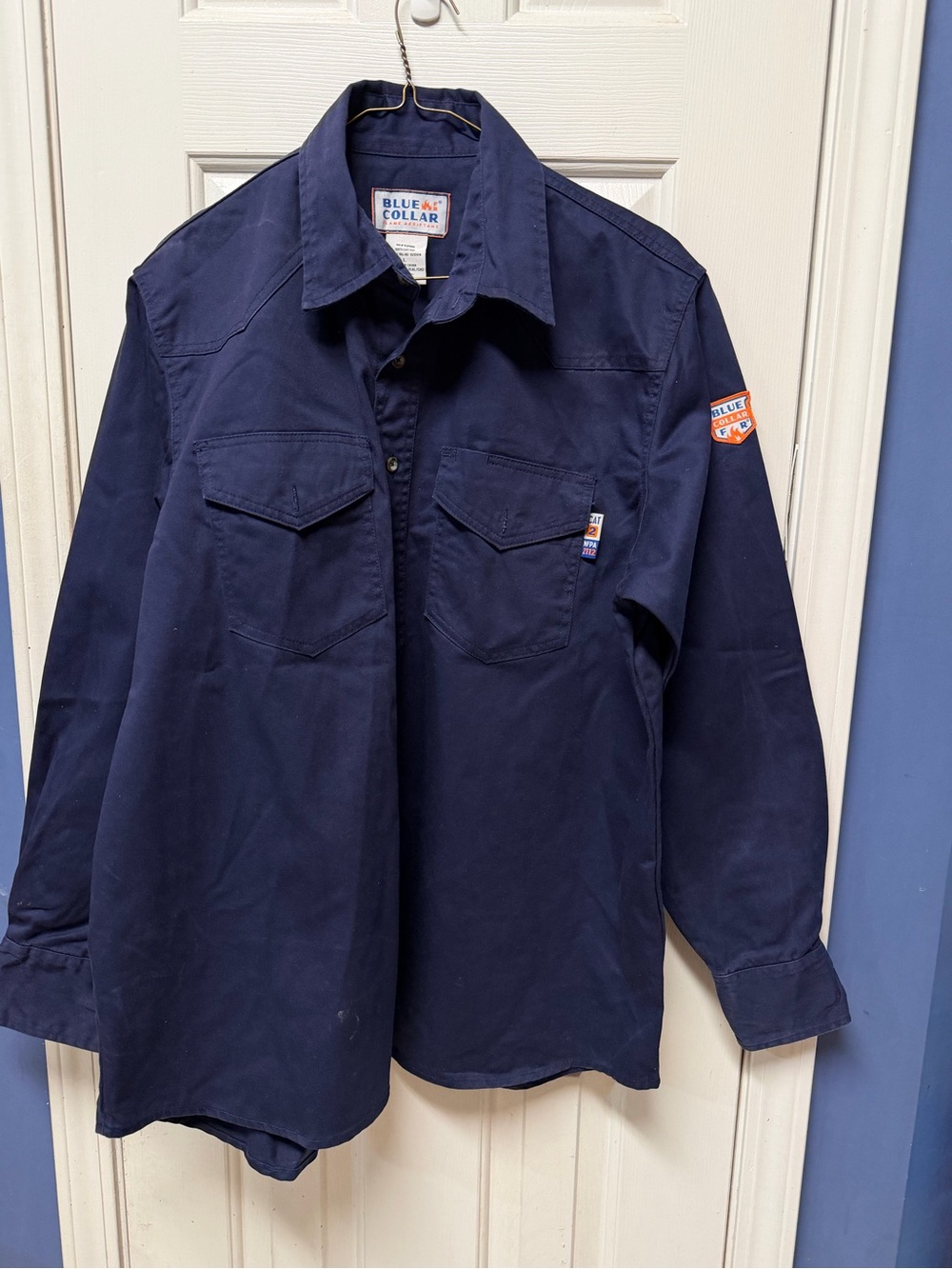 Blue Collar Men Flame Resistant Navy Work Shirt with Patch L